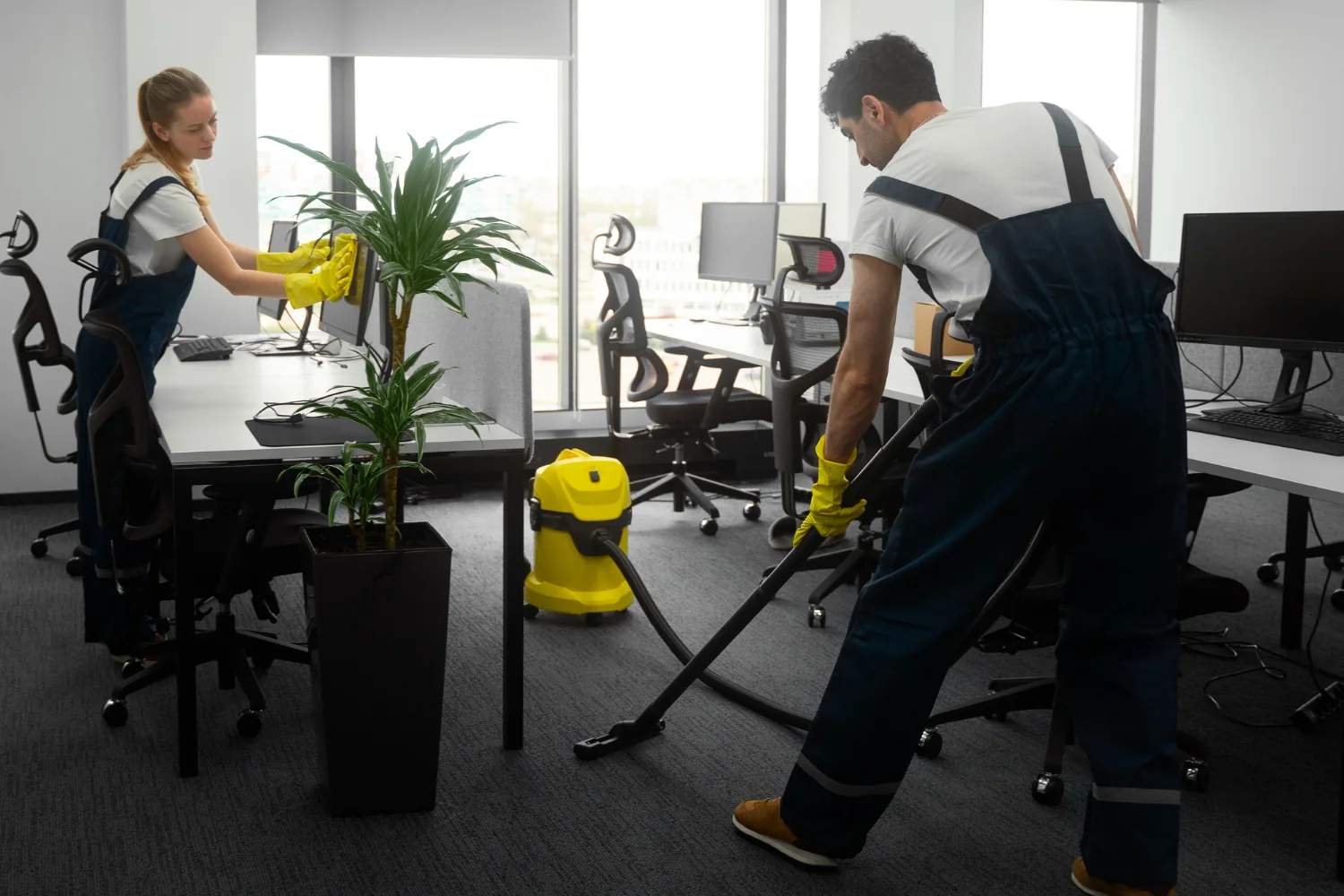 Equipo de Luna Optimum Cleaning aspirando la alfombra y desinfectando los escritorios de una oficina corporativa moderna